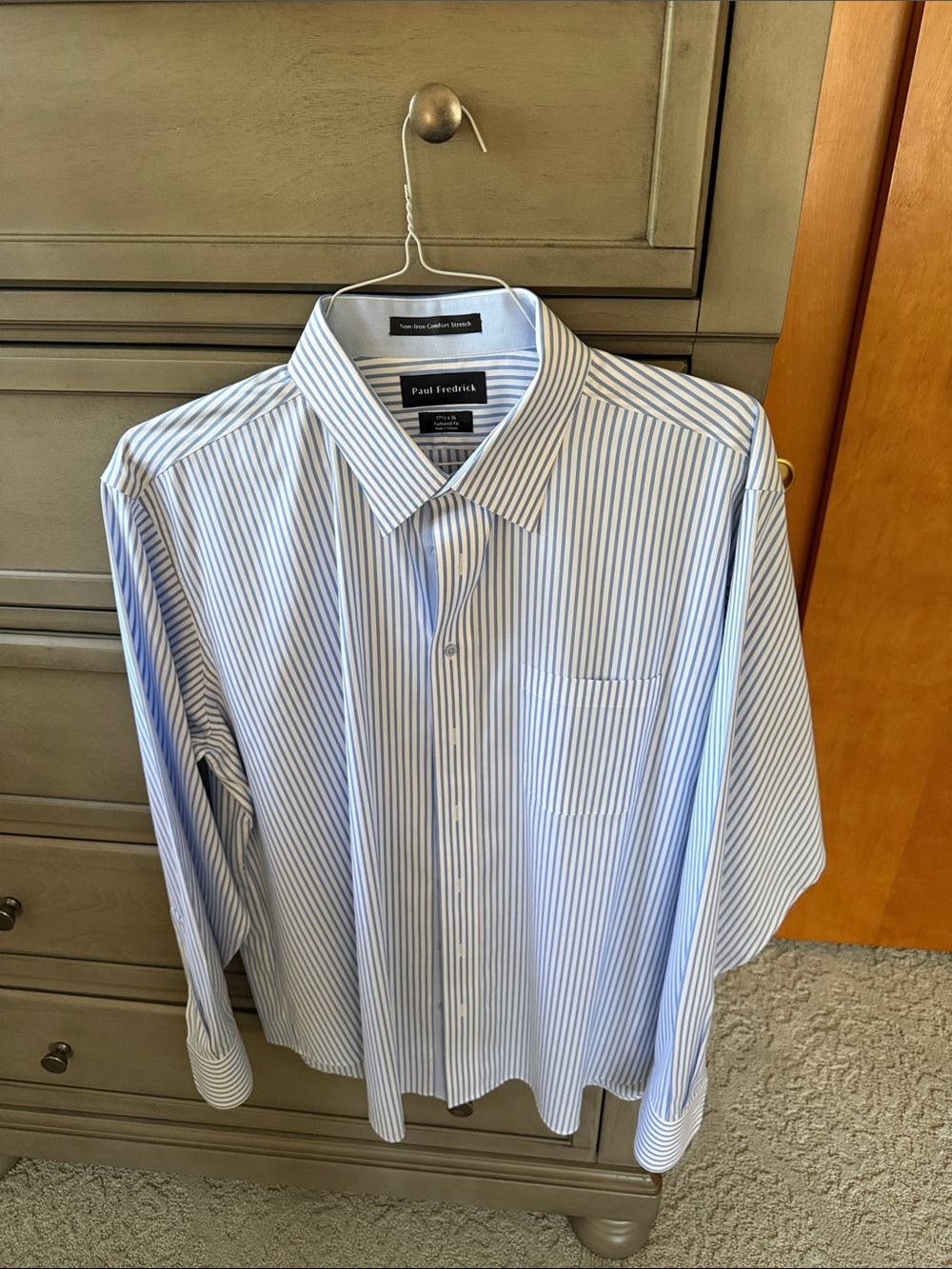Paul Fredrick non-iron white and blue striped tailored fit